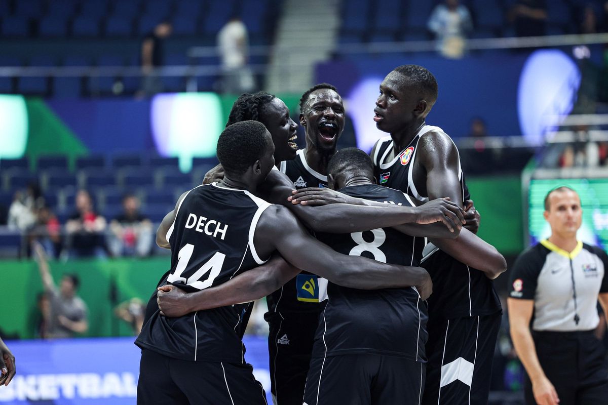 South Sudan's players celebrate winning after the Group B match between China and South Sudan at the 2023 FIBA World Cup in Manila, the Philippines, on Aug. 28, 2023. 