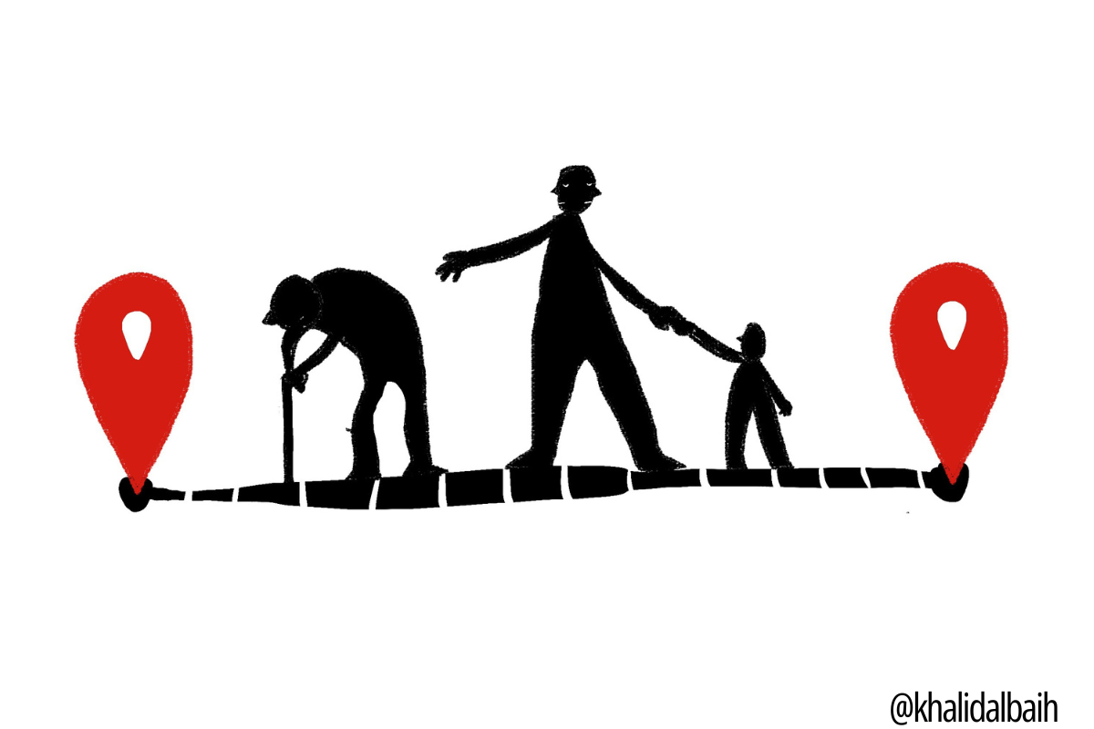 A photo of Khalid Albaih’s cartoon “Between 2 Pins,” showing an adult male figure holding a child, while stretching his hands to an older figure crouched on his walking stick.
